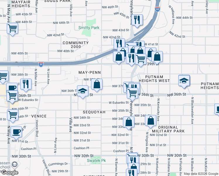 map of restaurants, bars, coffee shops, grocery stores, and more near 2243 Northwest 36th Street in Oklahoma City