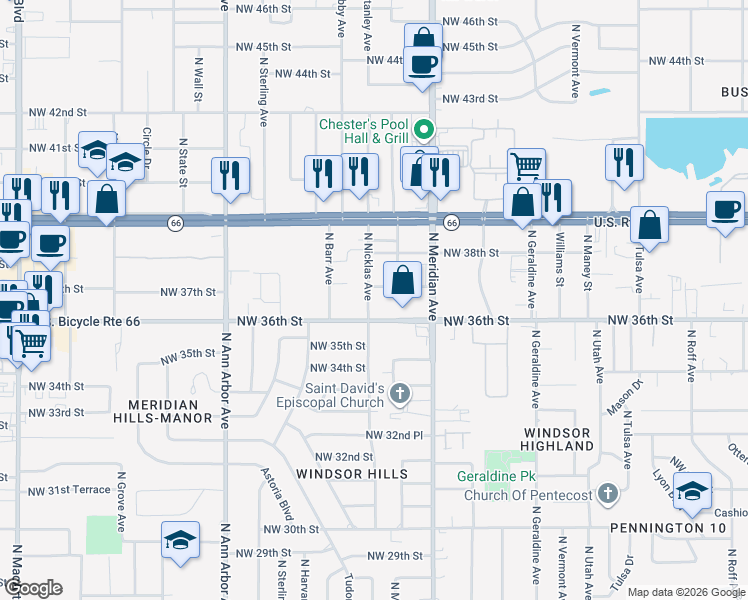 map of restaurants, bars, coffee shops, grocery stores, and more near 4557 Northwest 36th Street in Oklahoma City