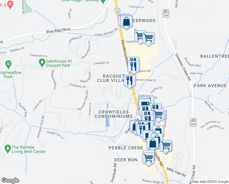 map of restaurants, bars, coffee shops, grocery stores, and more near 1 Legacy Oaks Place in Asheville