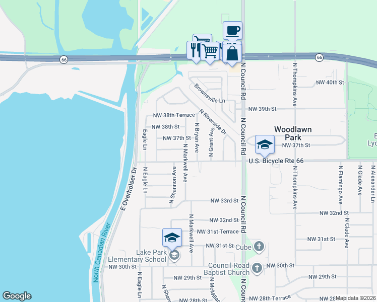 map of restaurants, bars, coffee shops, grocery stores, and more near 3700 North Markwell Avenue in Bethany