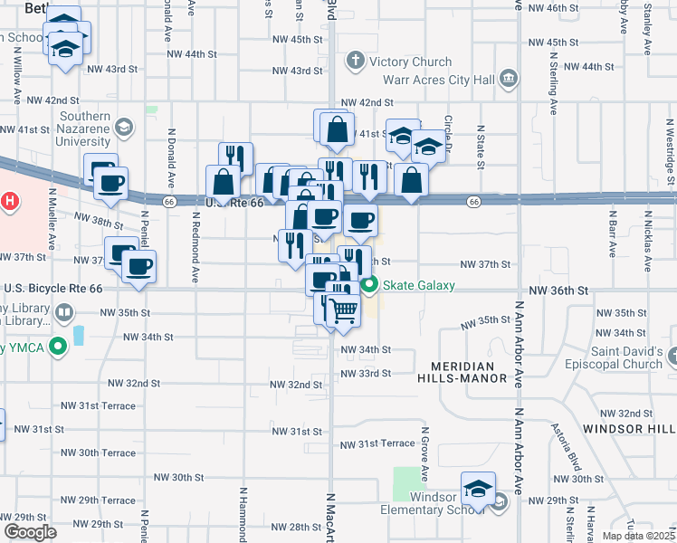 map of restaurants, bars, coffee shops, grocery stores, and more near in Warr Acres
