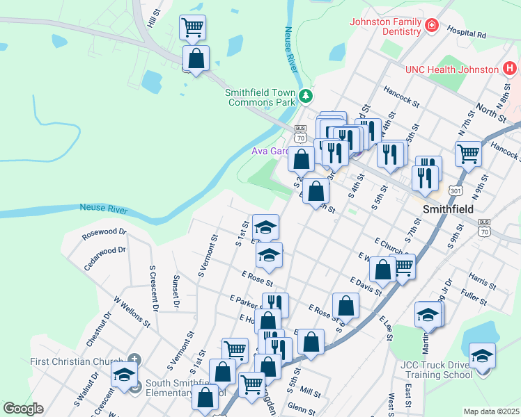 map of restaurants, bars, coffee shops, grocery stores, and more near 110 East Riverside Drive in Smithfield