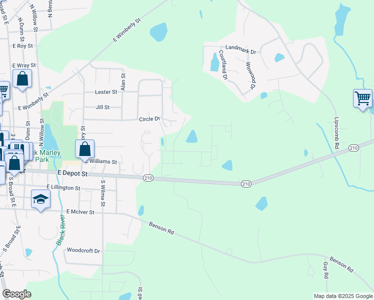 map of restaurants, bars, coffee shops, grocery stores, and more near 120 Begonia Street in Angier