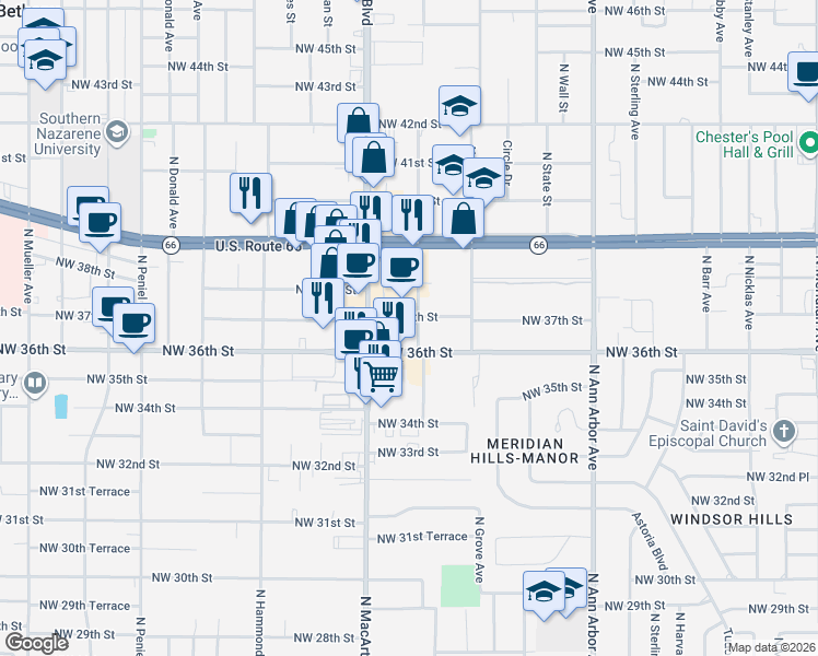 map of restaurants, bars, coffee shops, grocery stores, and more near 5801 Northwest 36th Street in Warr Acres