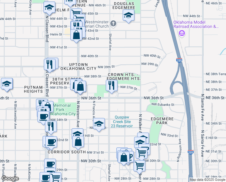 map of restaurants, bars, coffee shops, grocery stores, and more near 715 Northwest 36th Terrace in Oklahoma City