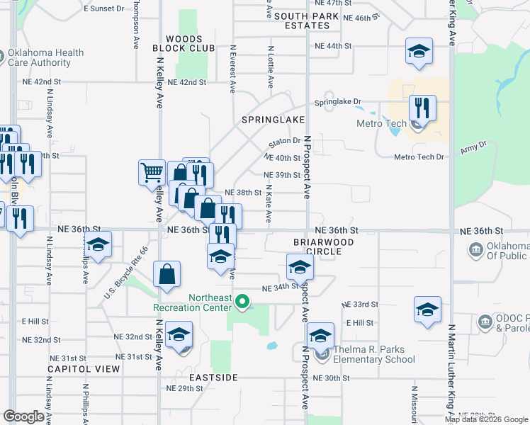 map of restaurants, bars, coffee shops, grocery stores, and more near 1245 Northeast 36th Street in Oklahoma City