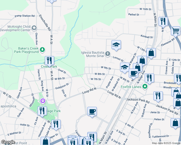 map of restaurants, bars, coffee shops, grocery stores, and more near 600 West 7th Street in Kannapolis