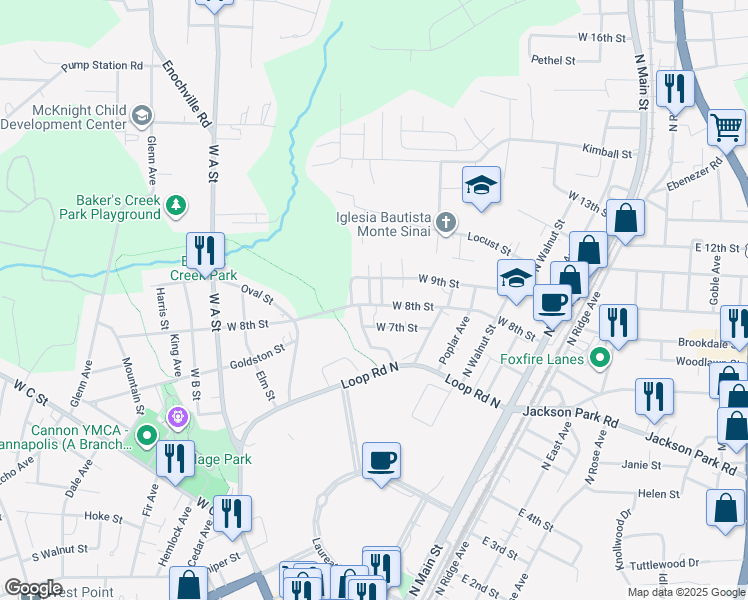 map of restaurants, bars, coffee shops, grocery stores, and more near 600 West 7th Street in Kannapolis