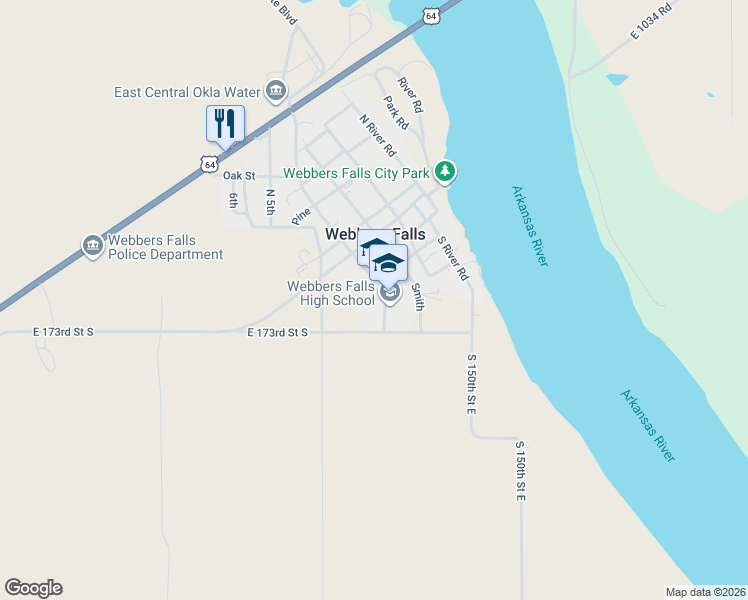 map of restaurants, bars, coffee shops, grocery stores, and more near 200 South Stand Watie Boulevard in Webbers Falls