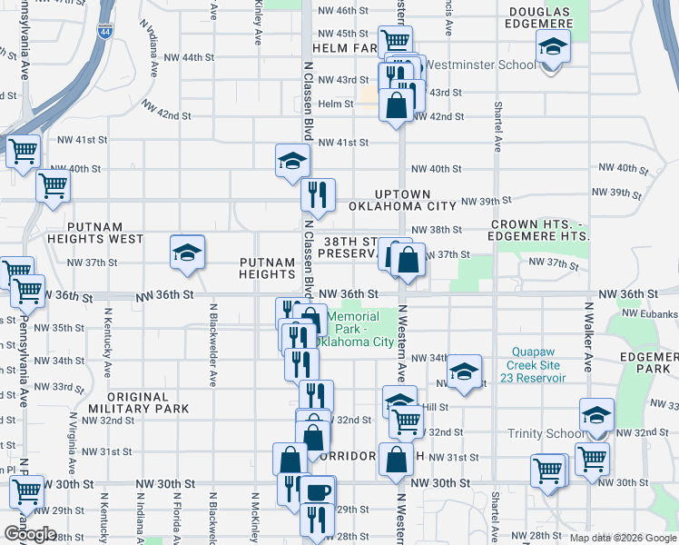 map of restaurants, bars, coffee shops, grocery stores, and more near 1217 Northwest 36th Street in Oklahoma City
