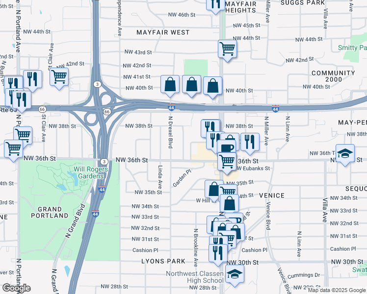 map of restaurants, bars, coffee shops, grocery stores, and more near 3707 North Hartford Street in Oklahoma City