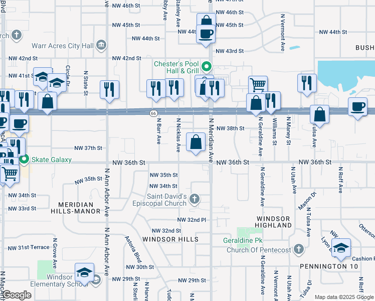 map of restaurants, bars, coffee shops, grocery stores, and more near 4557 Northwest 36th Street in Oklahoma City