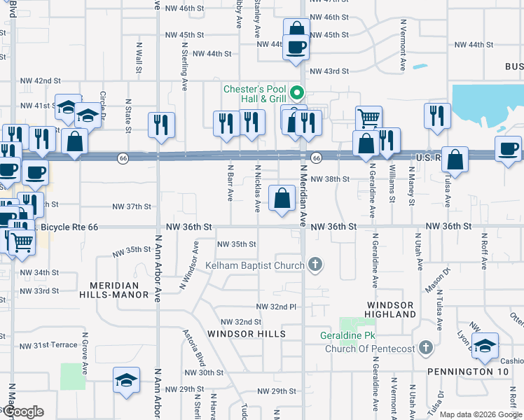 map of restaurants, bars, coffee shops, grocery stores, and more near 4557 Northwest 36th Street in Oklahoma City