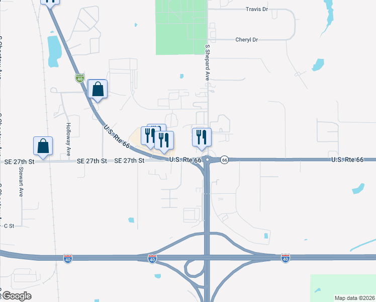map of restaurants, bars, coffee shops, grocery stores, and more near 1645 E Route 66 in El Reno