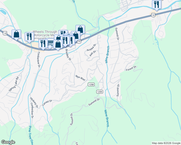 map of restaurants, bars, coffee shops, grocery stores, and more near 122 Laurel Loop in Maggie Valley