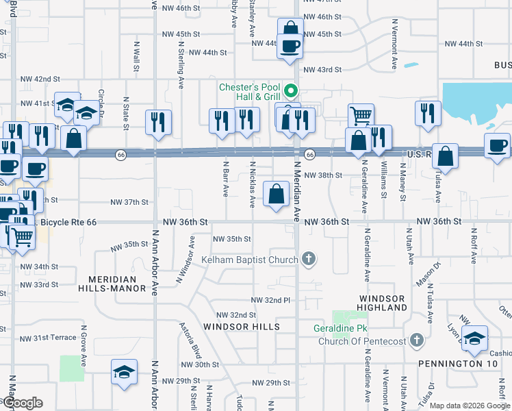 map of restaurants, bars, coffee shops, grocery stores, and more near 4557 Northwest 36th Street in Oklahoma City