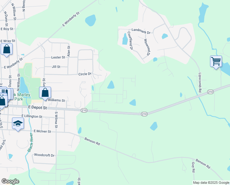 map of restaurants, bars, coffee shops, grocery stores, and more near 64 Begonia Street in Angier