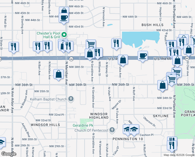map of restaurants, bars, coffee shops, grocery stores, and more near 4225 Northwest 36th Street in Oklahoma City