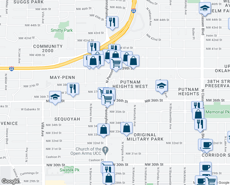 map of restaurants, bars, coffee shops, grocery stores, and more near 3717 Putnam Heights Boulevard in Oklahoma City