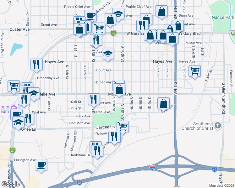 map of restaurants, bars, coffee shops, grocery stores, and more near 613 South 11th Street in Clinton