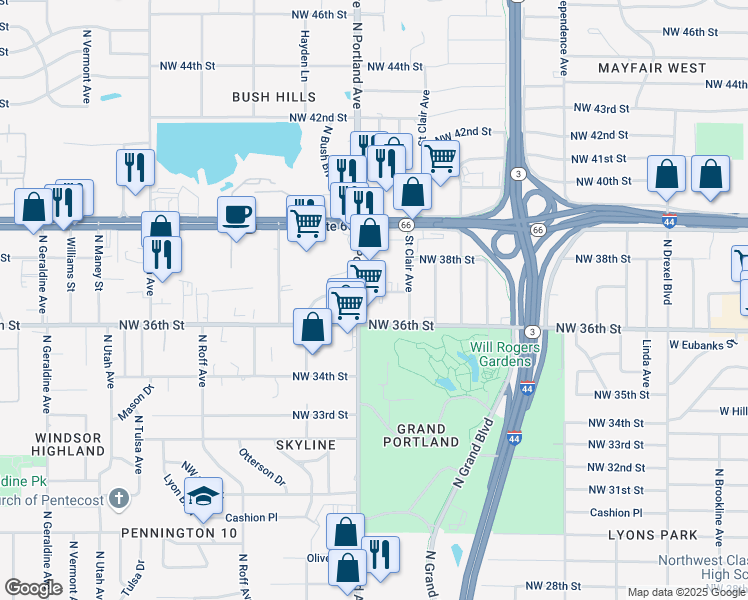 map of restaurants, bars, coffee shops, grocery stores, and more near 3629 Northwest 36th Street in Oklahoma City