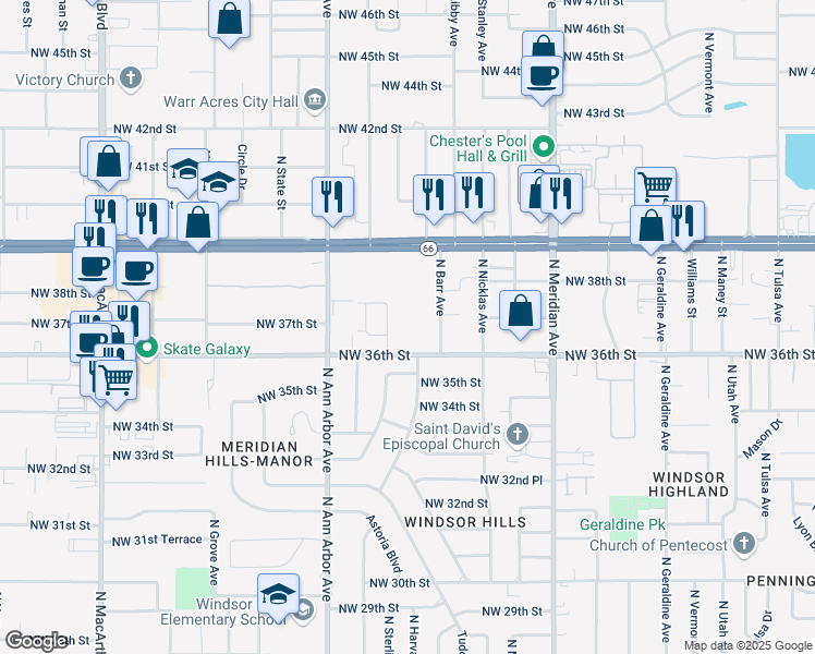 map of restaurants, bars, coffee shops, grocery stores, and more near 4745 Northwest 36th Street in Oklahoma City