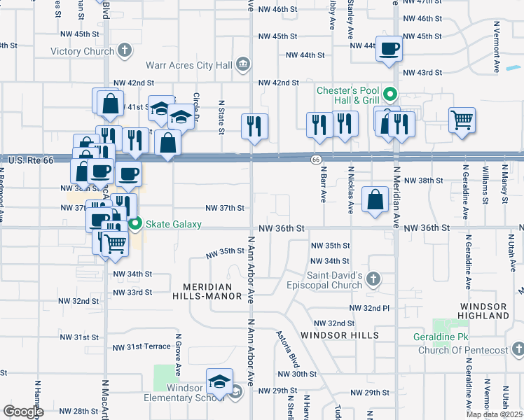 map of restaurants, bars, coffee shops, grocery stores, and more near in Oklahoma City
