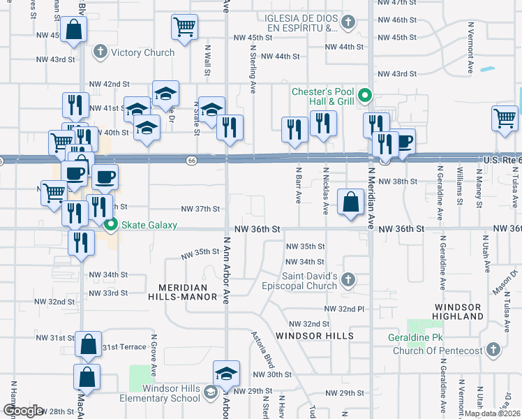 map of restaurants, bars, coffee shops, grocery stores, and more near 4805 Northwest 38th Street in Oklahoma City