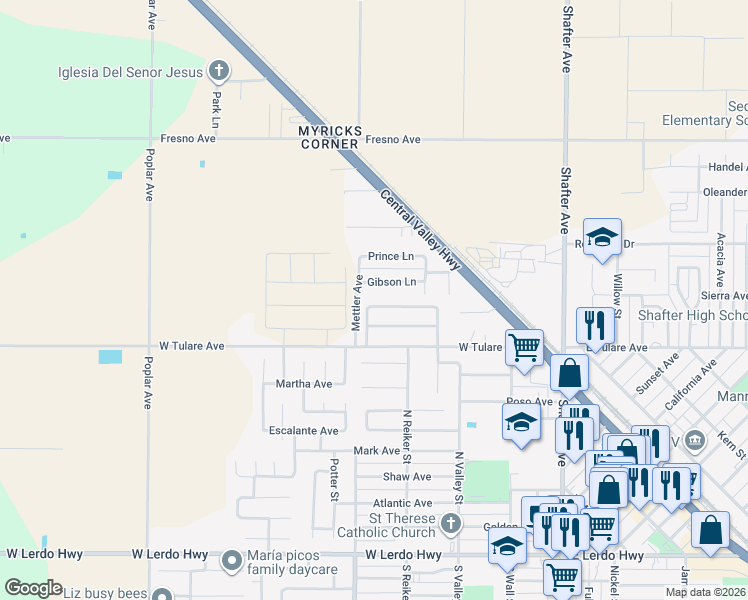 map of restaurants, bars, coffee shops, grocery stores, and more near 514 Gibson Lane in Shafter