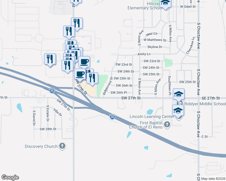 map of restaurants, bars, coffee shops, grocery stores, and more near 814 Southwest 26th Street in El Reno