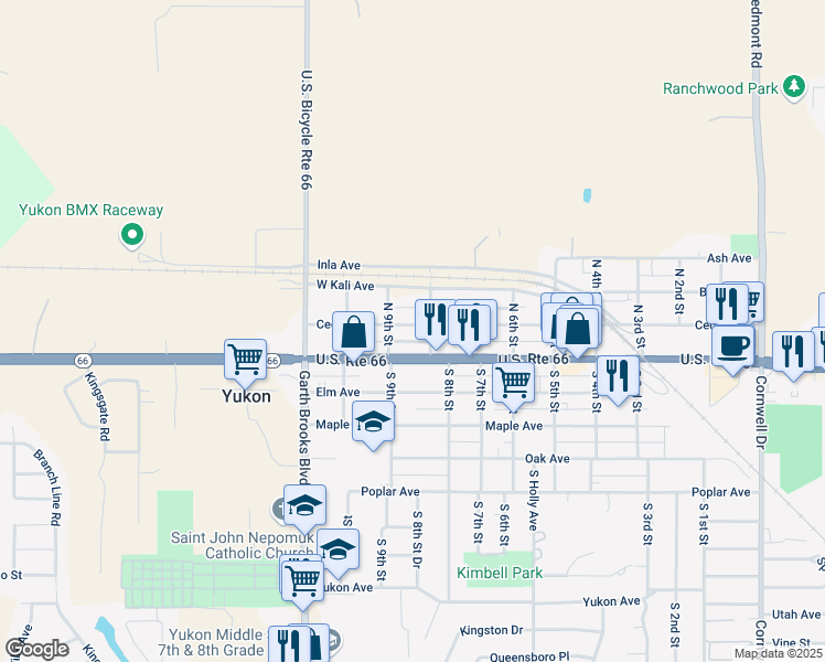 map of restaurants, bars, coffee shops, grocery stores, and more near 810 Cedar Avenue in Yukon