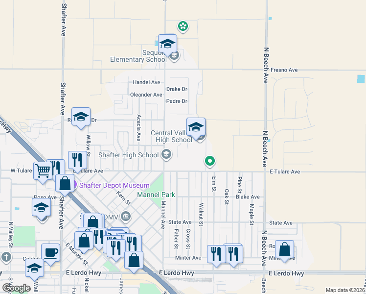 map of restaurants, bars, coffee shops, grocery stores, and more near 625 Mannel Avenue in Shafter