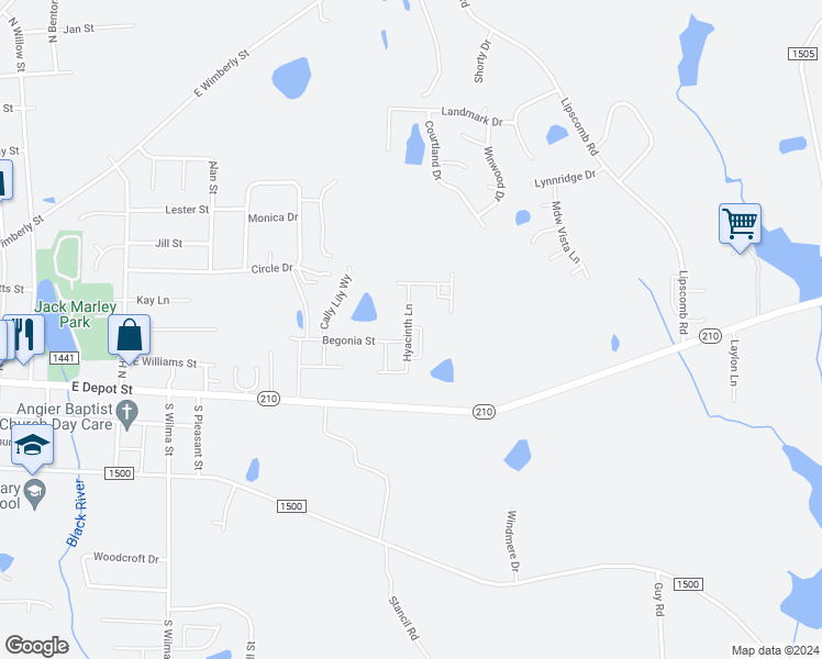 map of restaurants, bars, coffee shops, grocery stores, and more near in Angier