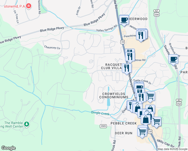 map of restaurants, bars, coffee shops, grocery stores, and more near 201 Racquet Club Road in Asheville