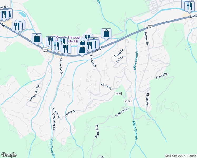 map of restaurants, bars, coffee shops, grocery stores, and more near 202 Bradley Street in Maggie Valley