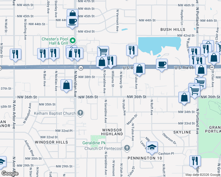map of restaurants, bars, coffee shops, grocery stores, and more near 3805 Williams Street in Oklahoma City