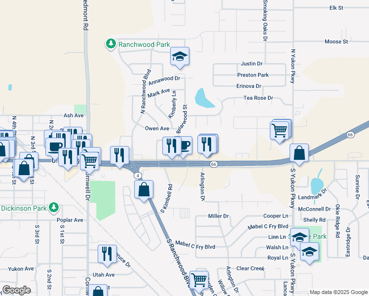 map of restaurants, bars, coffee shops, grocery stores, and more near 115 Briarwood Street in Yukon