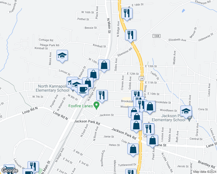 map of restaurants, bars, coffee shops, grocery stores, and more near 1000 Barnhardt Avenue in Kannapolis