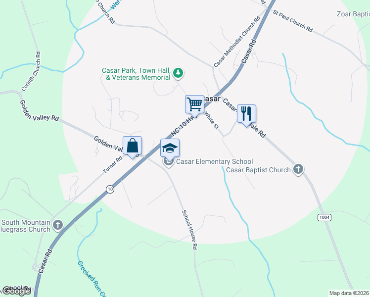 map of restaurants, bars, coffee shops, grocery stores, and more near 5724 Casar Road in Casar