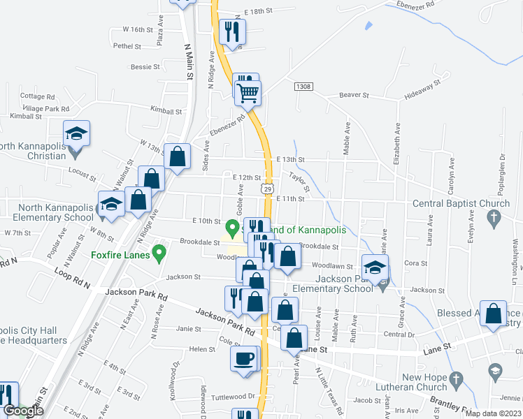 map of restaurants, bars, coffee shops, grocery stores, and more near 1009 North Cannon Boulevard in Kannapolis