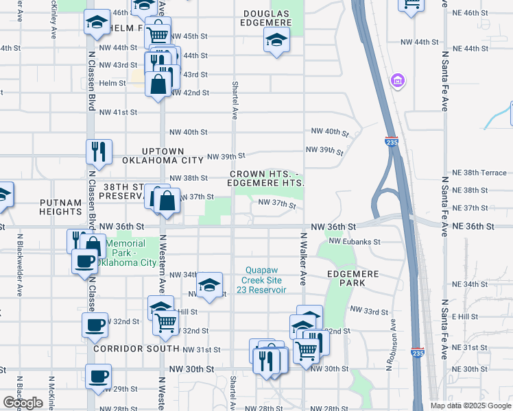 map of restaurants, bars, coffee shops, grocery stores, and more near 615 Northwest 37th Street in Oklahoma City