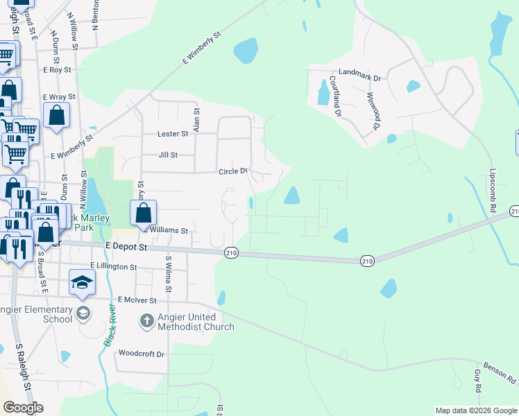 map of restaurants, bars, coffee shops, grocery stores, and more near 46 Bowden Family Lane in Angier