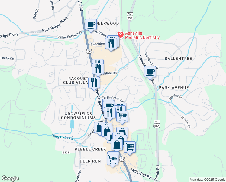map of restaurants, bars, coffee shops, grocery stores, and more near 3 Carson Creek Drive in Asheville