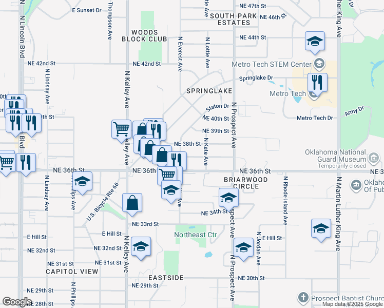 map of restaurants, bars, coffee shops, grocery stores, and more near 1221 Northeast 37th Street in Oklahoma City
