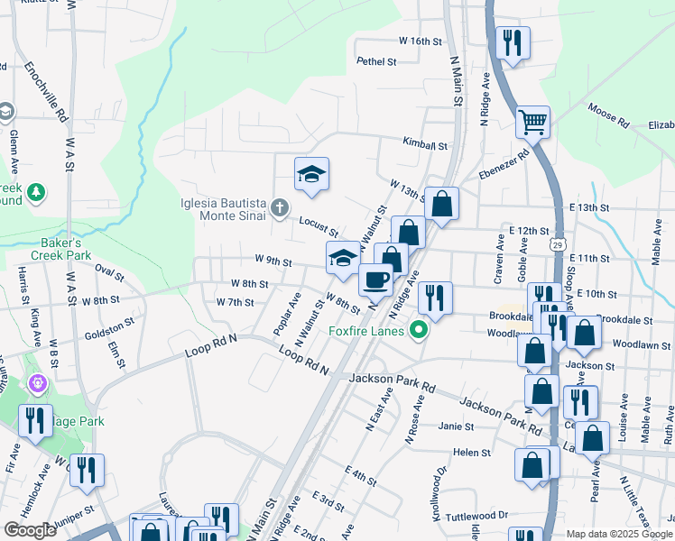 map of restaurants, bars, coffee shops, grocery stores, and more near North Walnut Street in Kannapolis
