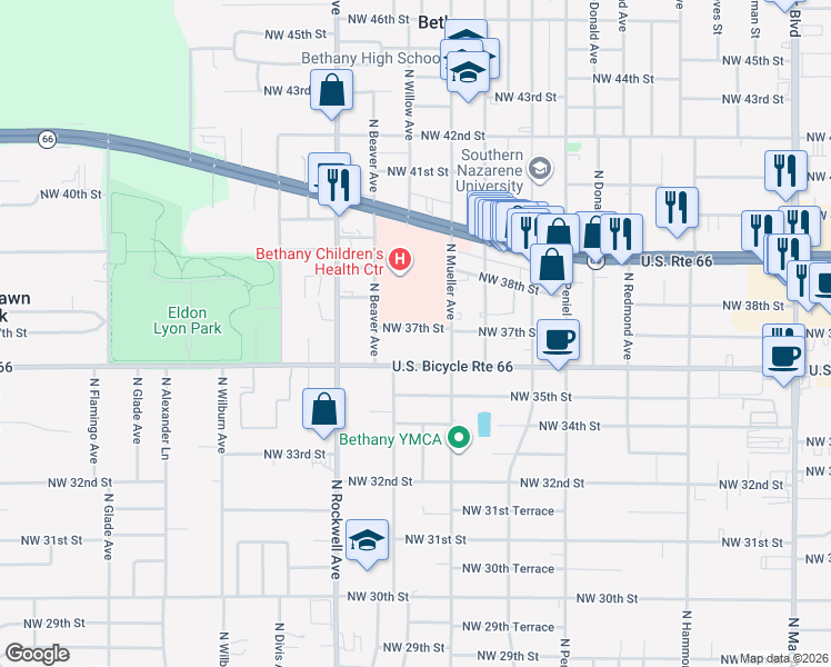 map of restaurants, bars, coffee shops, grocery stores, and more near 6806 Northwest 37th Street in Bethany