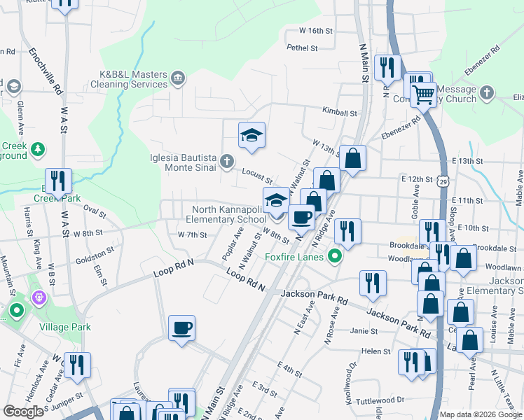 map of restaurants, bars, coffee shops, grocery stores, and more near 310 West 9th Street in Kannapolis