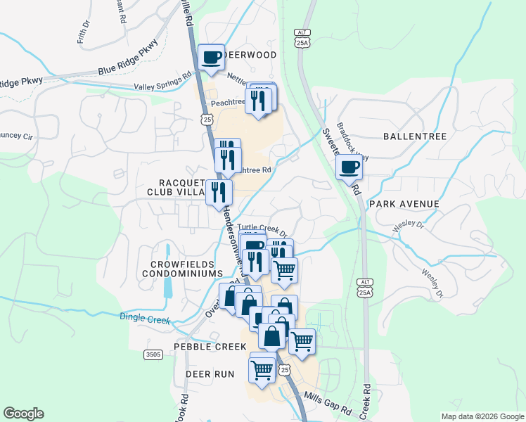 map of restaurants, bars, coffee shops, grocery stores, and more near 3 Carson Creek Drive in Asheville