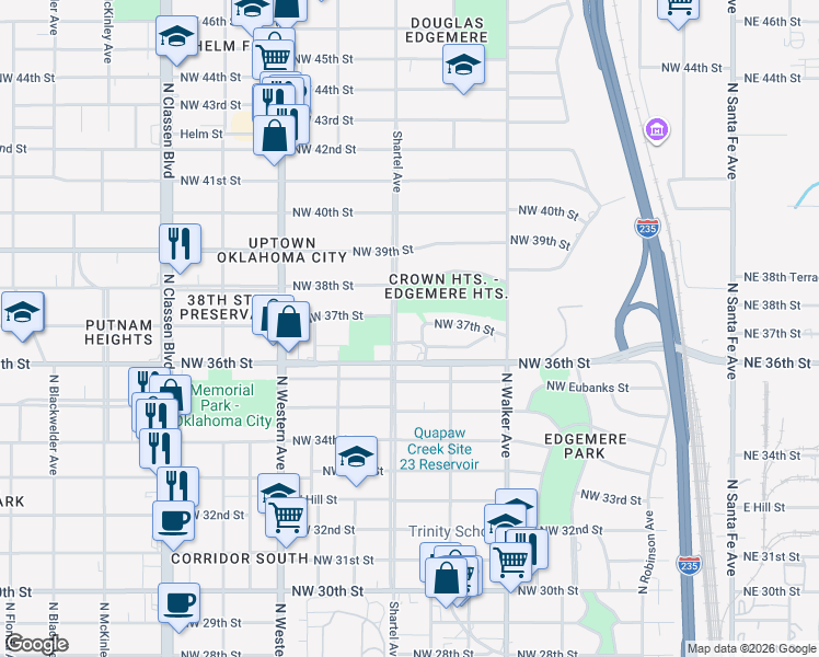 map of restaurants, bars, coffee shops, grocery stores, and more near 801 Northwest 37th Street in Oklahoma City