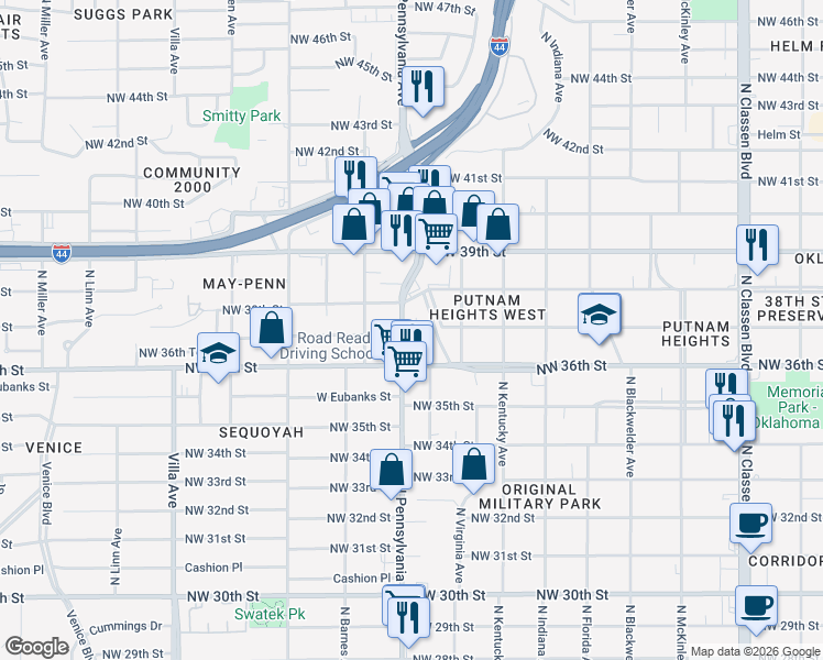 map of restaurants, bars, coffee shops, grocery stores, and more near 3817 North Pennsylvania Avenue in Oklahoma City